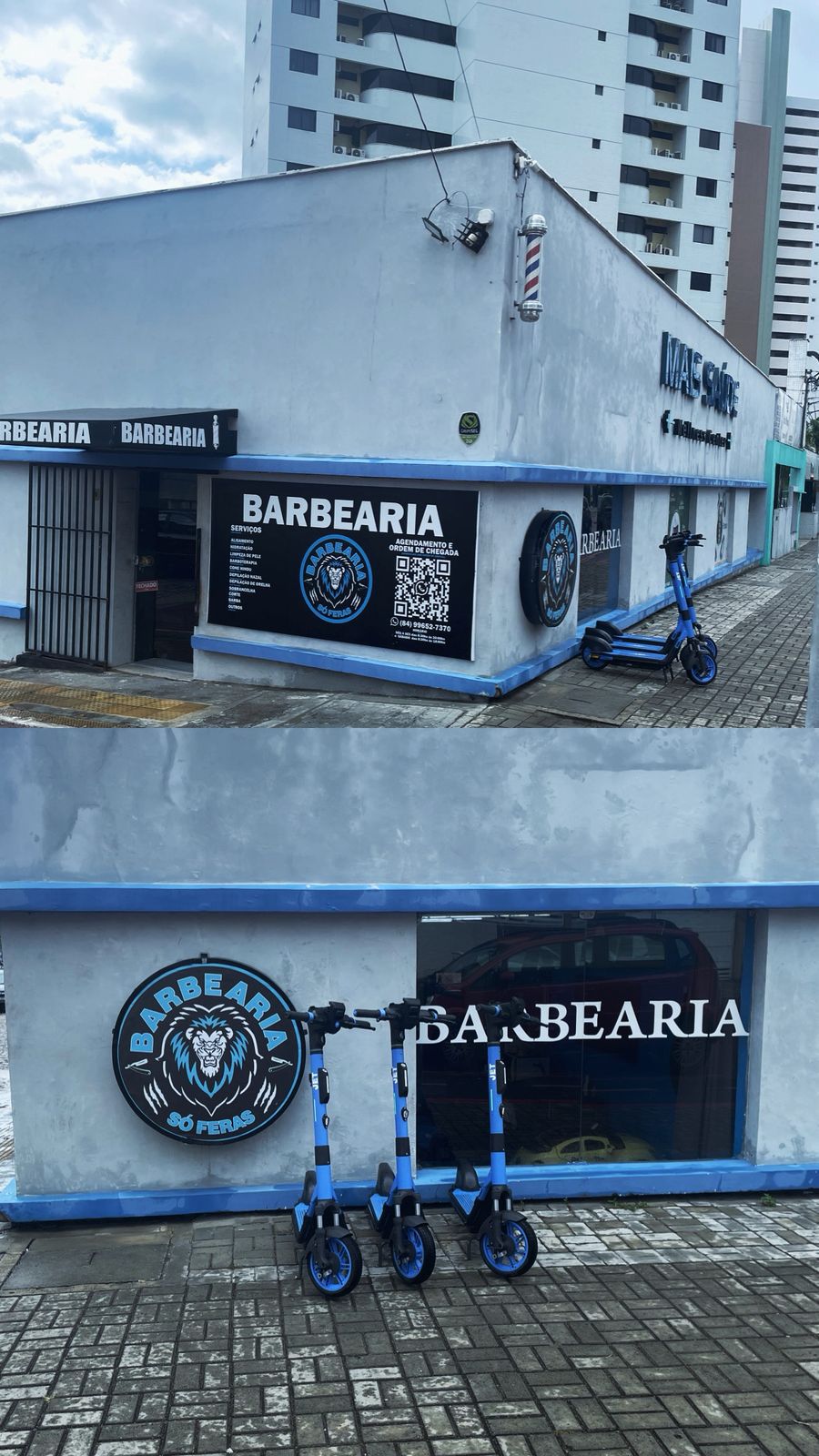 Logo do leão azul e informações na fachada da Barbearia Só Feras